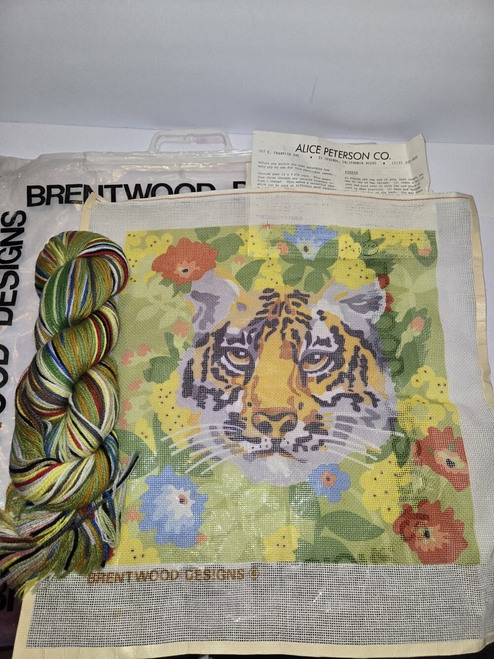 Vintage 80s Tiger Cat Needlepoint Kit. Never Been Used in Original Bag 14"x 14"